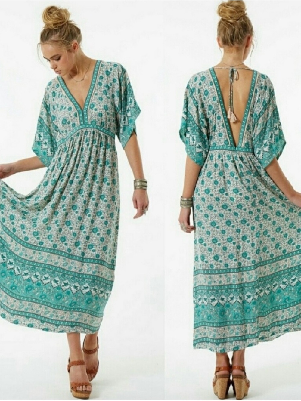 Spell & The Gypsy Kombi Teal Floral V-Neck Open-Back Maxi Dress